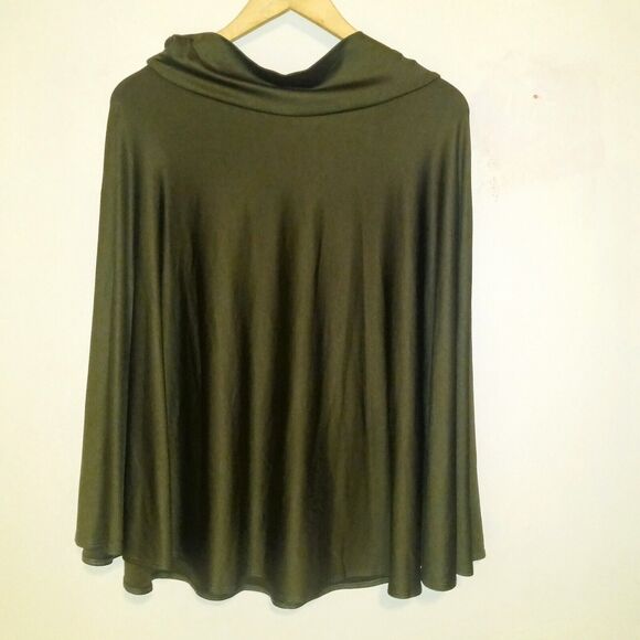 A'Nue Ligne Small Mock Neck Poncho Cape-Dark Green-Slinky-Lagenlook-USA Made - Picture 4 of 7